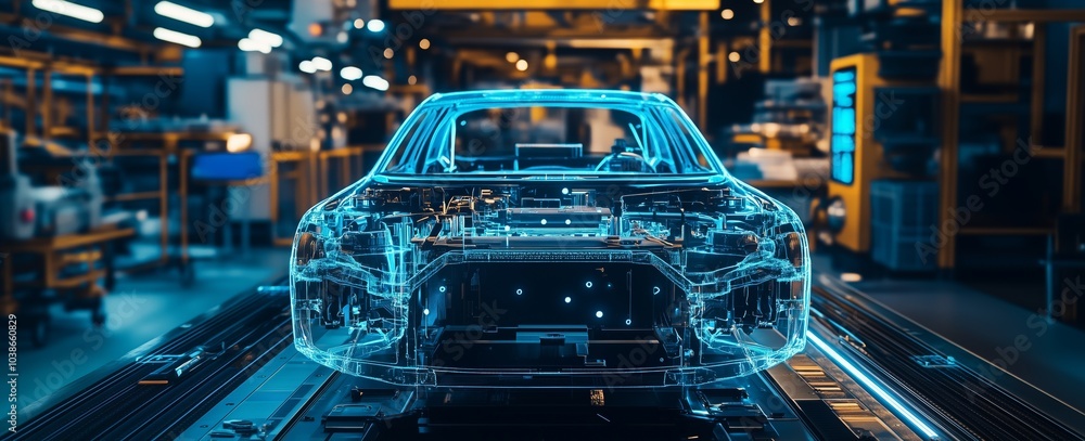 A digital holographic car design in a high-tech automotive production facility showcasing advanced technology. A digital holographic car design in a high-tech automotive production facility showcasing advanced technology.