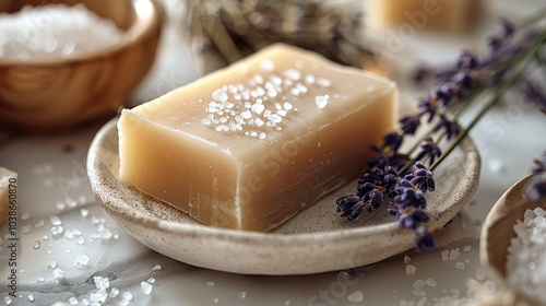 A soap bar placed on a ceramic dish, surrounded by dried lavender sprigs and sea salt crystals, in a minimalist style with a clean background.