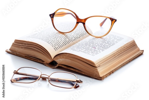 A minimalist reading desk with a closed book, glasses, and a desk lamp isolated on white