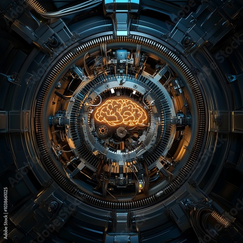 A glowing brain sits at the center of a futuristic machine, surrounded by gears and intricate machinery.