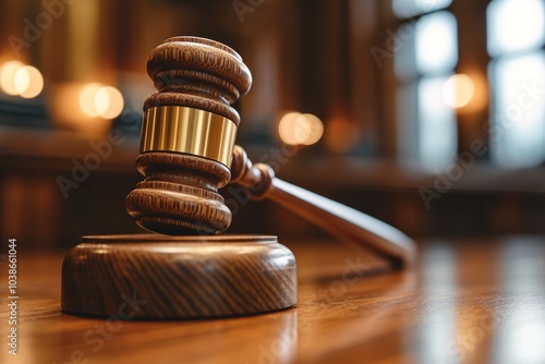 Wooden Gavel on Table in Courtroom