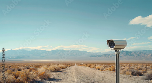 A weather resistant surveillance camera installed at a remote border checkpoint in a desert. photo