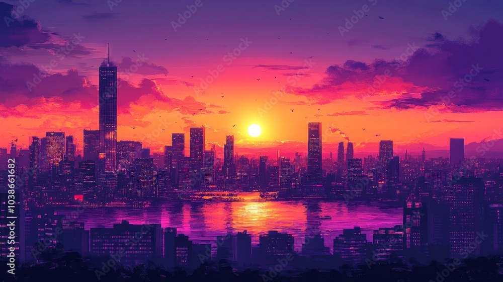 City skyline at dusk with a beautiful orange and purple sunset lighting up the sky.