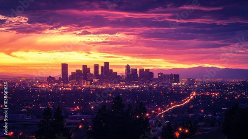 City skyline at dusk with a beautiful orange and purple sunset lighting up the sky.