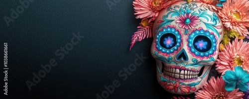 A colorful sugar skull adorned with vibrant flowers representing Día de los Muertos set against a dark background