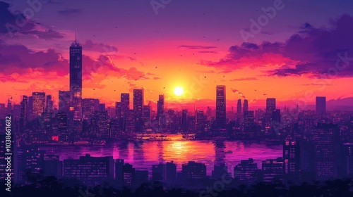 City skyline at dusk with a beautiful orange and purple sunset lighting up the sky.