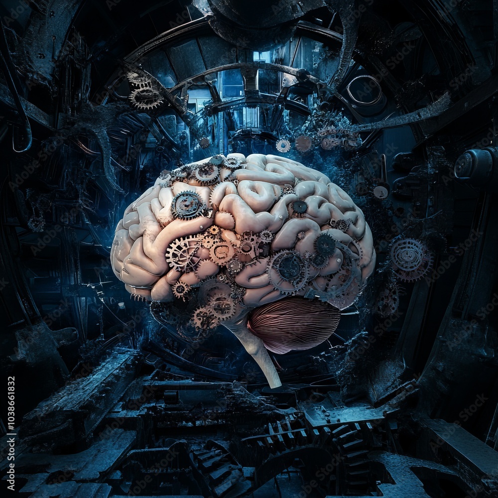 A human brain with gears and cogs inside, surrounded by metal and machinery. A human brain with gears and cogs inside, surrounded by metal and machinery.