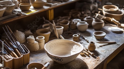 A tranquil pottery studio with pottery tools and creative clay sculptures, Pottery tools and artisanal ceramics neatly organized, Artisan pottery style photo