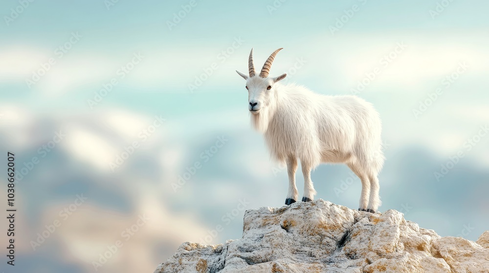 Obraz premium Mountain goat navigating rugged cliffs, breathtaking alpine landscape, vibrant 3D rendering showcasing wildlife and nature's majesty