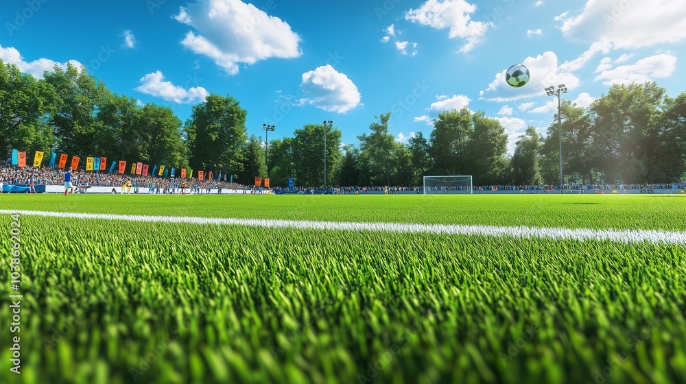 A vibrant soccer field buzzes with energy under a blue sky, showcasing dynamic players and a cheering crowd. A vibrant soccer field buzzes with energy under a blue sky, showcasing dynamic players and a cheering crowd.