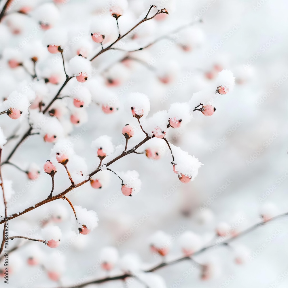 Frost-covered berries on a snow-covered bush, delicate winter scene Frost-covered berries on a snow-covered bush, delicate winter scene