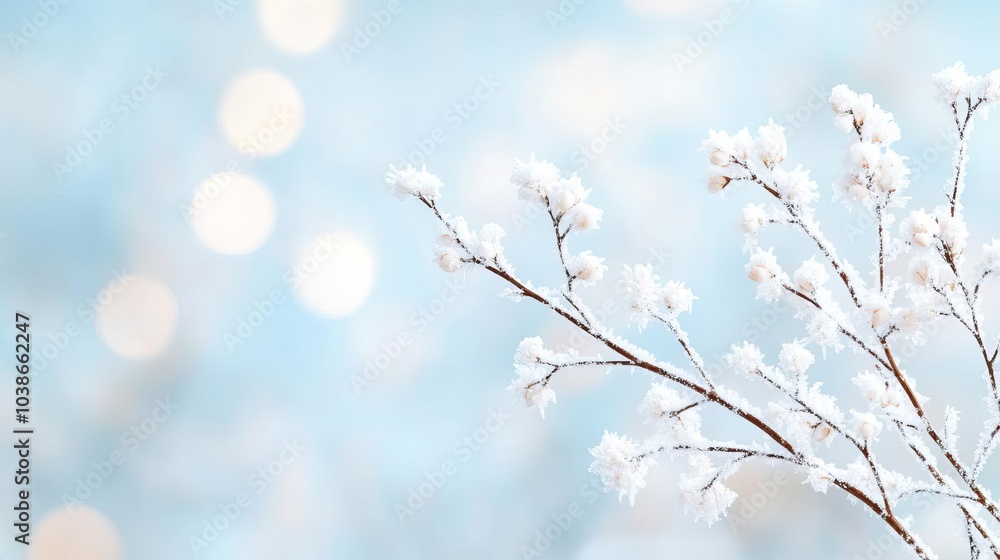 Frost-covered branches with snowflakes resting on them, delicate winter detail Frost-covered branches with snowflakes resting on them, delicate winter detail