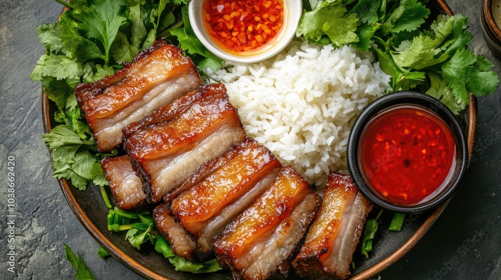 Delicious Glazed Pork Belly with Rice and Herbs Delicious Glazed Pork Belly with Rice and Herbs