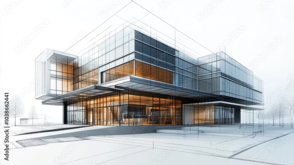 Architectural Sketch of a Modern Building with Glass Facade Architectural Sketch of a Modern Building with Glass Facade