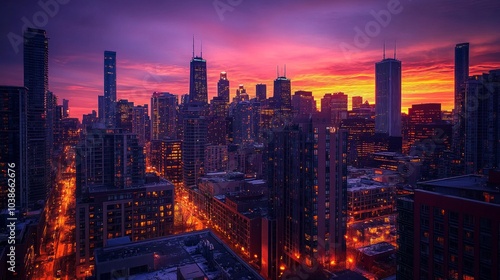 City skyline at dusk with a beautiful orange and purple sunset lighting up the sky.
