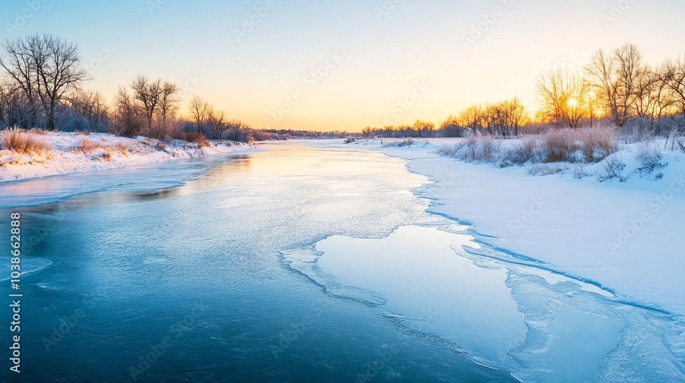Frosty air over a frozen river, capturing the chill of winter Frosty air over a frozen river, capturing the chill of winter