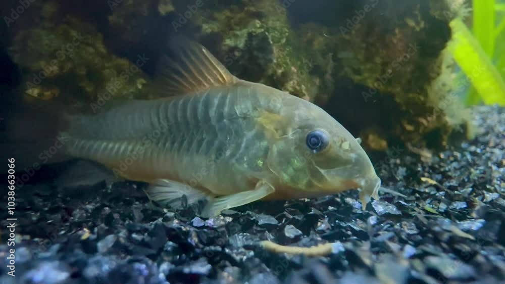 corydora fish resting at the bottom of the aquarium corydora fish resting at the bottom of the aquarium
