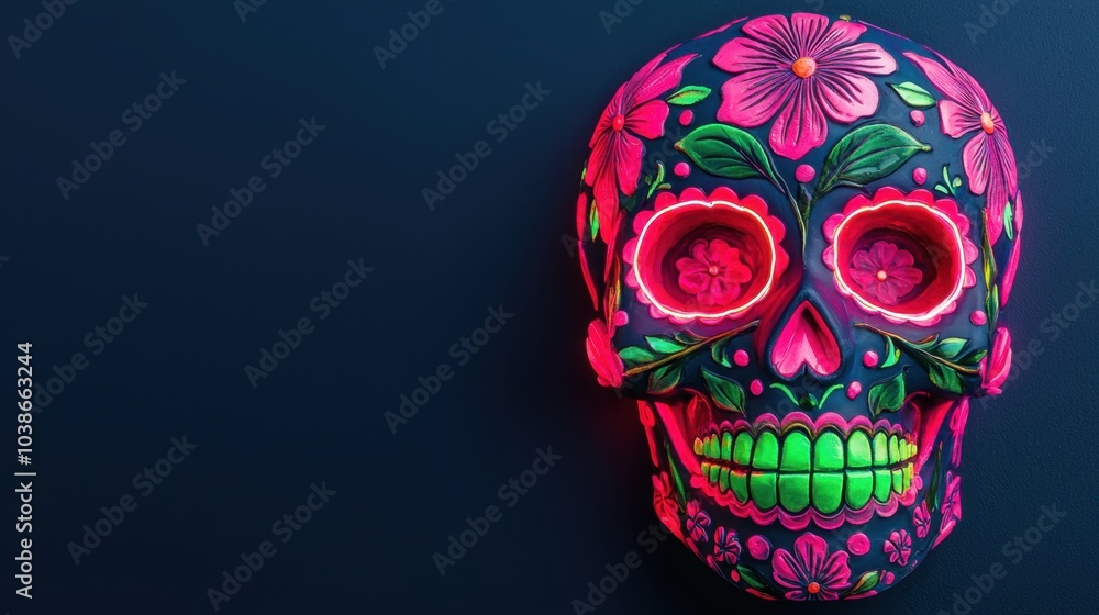 Festive luminous sugar skull color concept. A vibrant decorative skull adorned with flowers and intricate patterns symbolizing Día de los Muertos Festive luminous sugar skull color concept. A vibrant decorative skull adorned with flowers and intricate patterns symbolizing Día de los Muertos