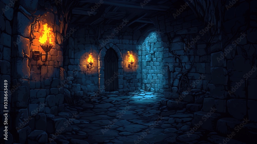 A dimly lit stone corridor in a medieval-style castle or dungeon. The walls are made of rough, uneven stone blocks that add to the ancient feel of the setting. Two ornate wall sconces with flickering A dimly lit stone corridor in a medieval-style castle or dungeon. The walls are made of rough, uneven stone blocks that add to the ancient feel of the setting. Two ornate wall sconces with flickering