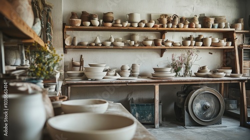 Wallpaper Mural A tranquil pottery studio with pottery wheels and shelves of clay creations, Artistic lifestyle style, photo of Torontodigital.ca