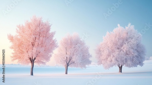 Frosty morning light shining through snow-covered trees, calm and peaceful