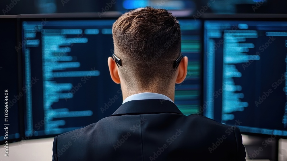 A man in a suit sits in front of multiple computer screens displaying code, focused on programming or data analysis. A man in a suit sits in front of multiple computer screens displaying code, focused on programming or data analysis.