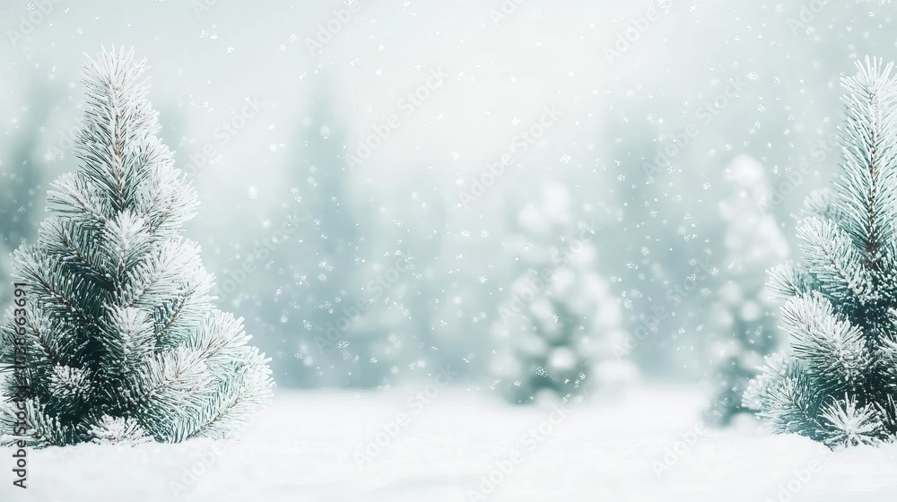 Frosty pine trees with snowflakes gently falling, peaceful winter vibe Frosty pine trees with snowflakes gently falling, peaceful winter vibe