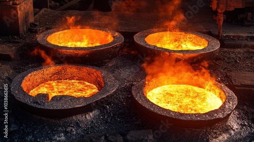 A steel foundry with glowing molten steel, ready to be cast into various shapes for industrial use. photo