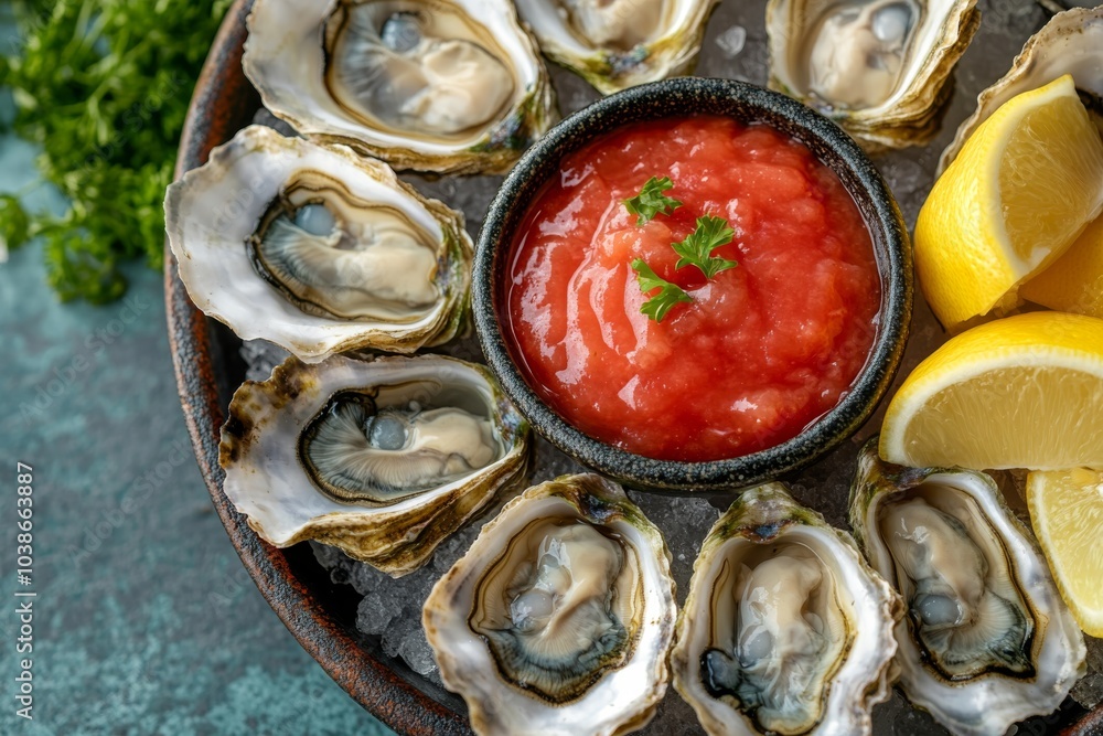 Fresh Oysters on Ice with Lemon Wedges and Cocktail Sauce Fresh Oysters on Ice with Lemon Wedges and Cocktail Sauce