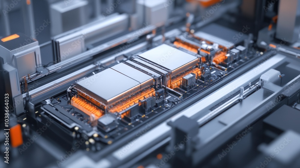 Battery manufacturing equipment in use at a high-tech facility creating next-gen electric car batteries. Battery manufacturing equipment in use at a high-tech facility creating next-gen electric car batteries.