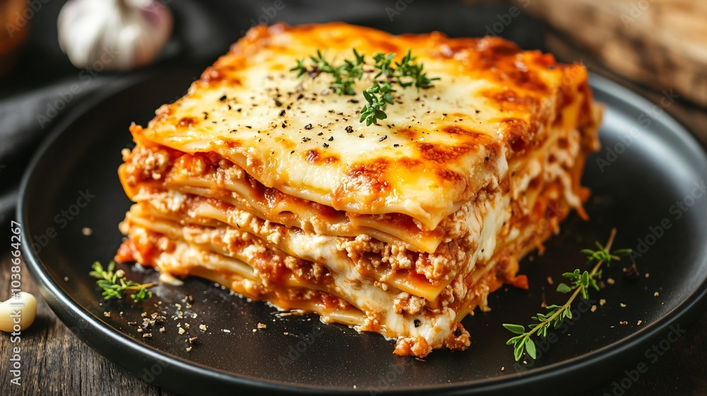 Cheesy lasagna with a golden crust, isolated on a charcoal black plate, with a garnish of fresh thyme and garlic butter Cheesy lasagna with a golden crust, isolated on a charcoal black plate, with a garnish of fresh thyme and garlic butter