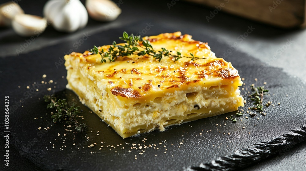 Cheesy lasagna with a golden crust, isolated on a charcoal black plate, with a garnish of fresh thyme and garlic butter Cheesy lasagna with a golden crust, isolated on a charcoal black plate, with a garnish of fresh thyme and garlic butter