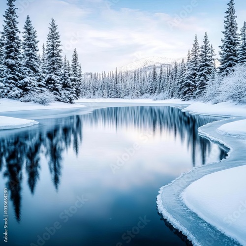 Frozen lake surrounded by snow-draped evergreens, peaceful winter chill