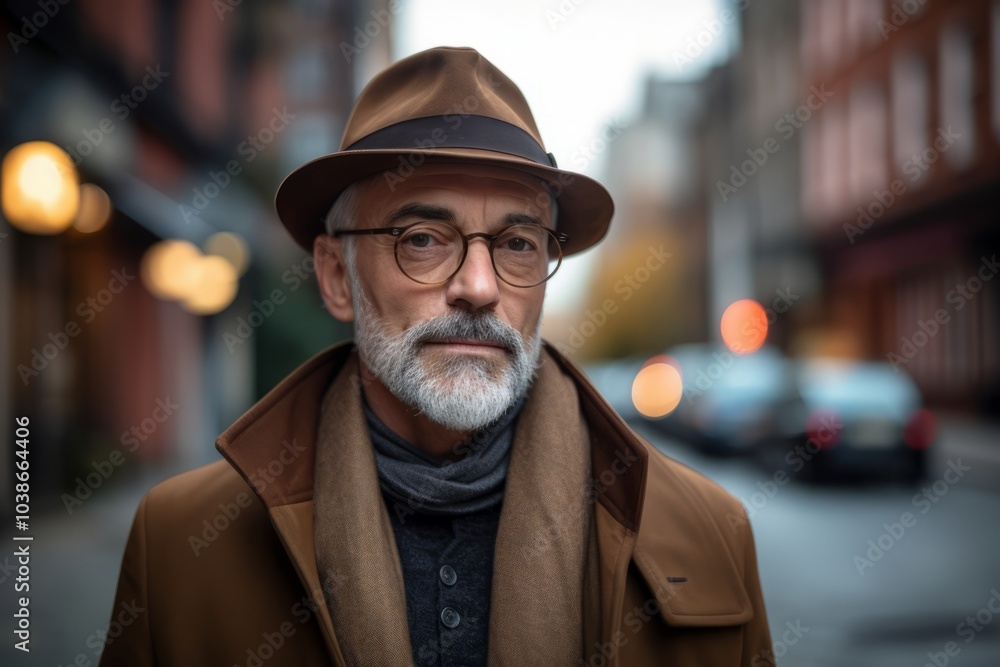 Portrait of a senior man wearing a hat and coat in the city. Portrait of a senior man wearing a hat and coat in the city.