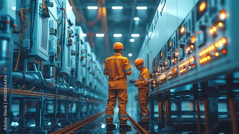A group of electricians at a power plant installing new panels, tool parts and equipment. A group of electricians at a power plant installing new panels, tool parts and equipment.