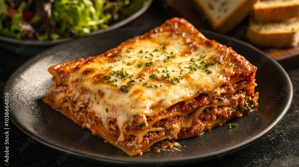 Classic lasagna slices, isolated on a dark granite surface, with melted cheese, a side of salad, and garlic bread for garnish Classic lasagna slices, isolated on a dark granite surface, with melted cheese, a side of salad, and garlic bread for garnish