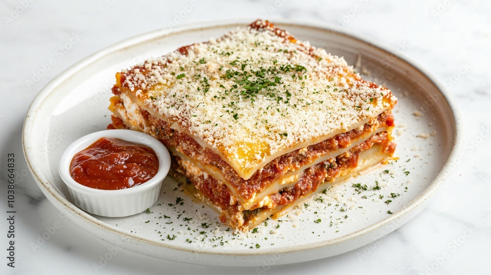Classic meat lasagna slice, isolated on a white marble background, with grated parmesan and a small side of marinara sauce Classic meat lasagna slice, isolated on a white marble background, with grated parmesan and a small side of marinara sauce