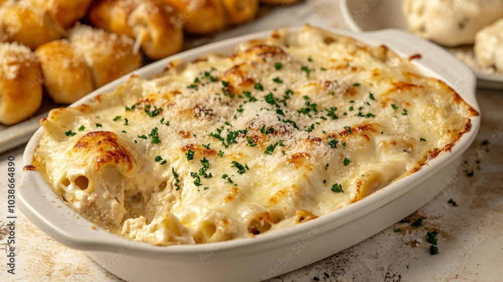 Creamy chicken lasagna, on a light stone background, with a side of garlic knots and sprinkled parmesan cheese Creamy chicken lasagna, on a light stone background, with a side of garlic knots and sprinkled parmesan cheese