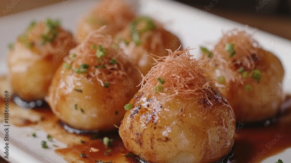 Delicious Japanese Takoyaki with Toppings Delicious Japanese Takoyaki with Toppings