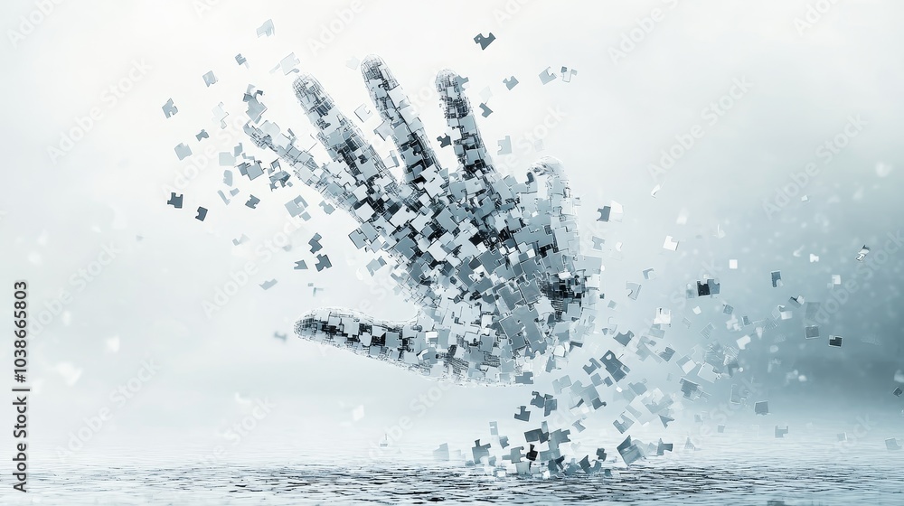 Robotic hand assembling a digital puzzle in a futuristic environment, showcasing advanced technology and innovation in virtual design Robotic hand assembling a digital puzzle in a futuristic environment, showcasing advanced technology and innovation in virtual design