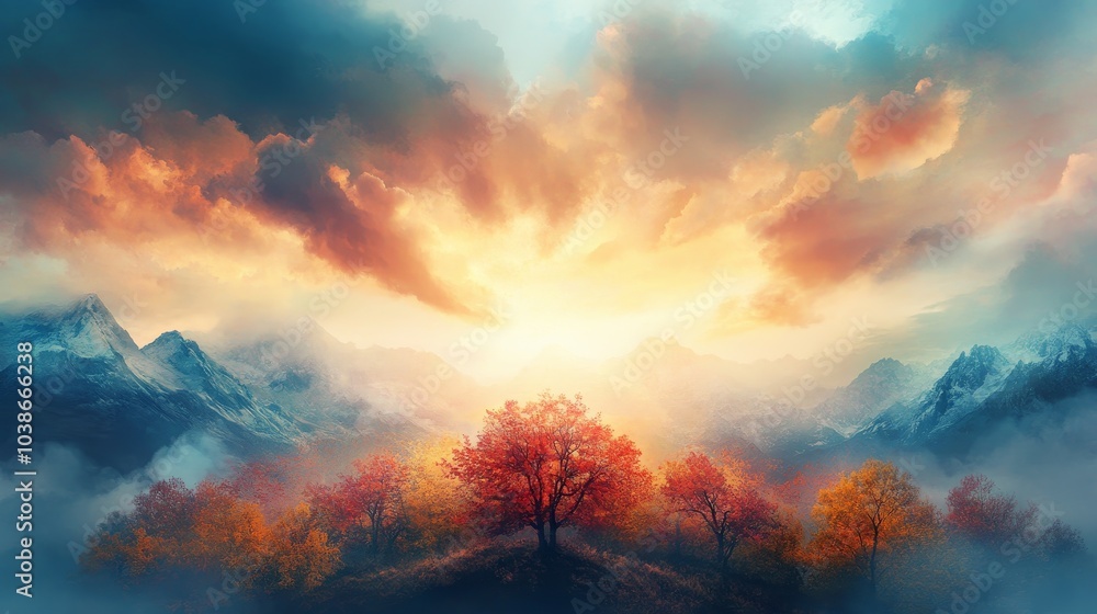 Majestic Mountain Transitions, a breathtaking display of vibrant colors and mystical light as seasons shift across the towering peaks Majestic Mountain Transitions, a breathtaking display of vibrant colors and mystical light as seasons shift across the towering peaks
