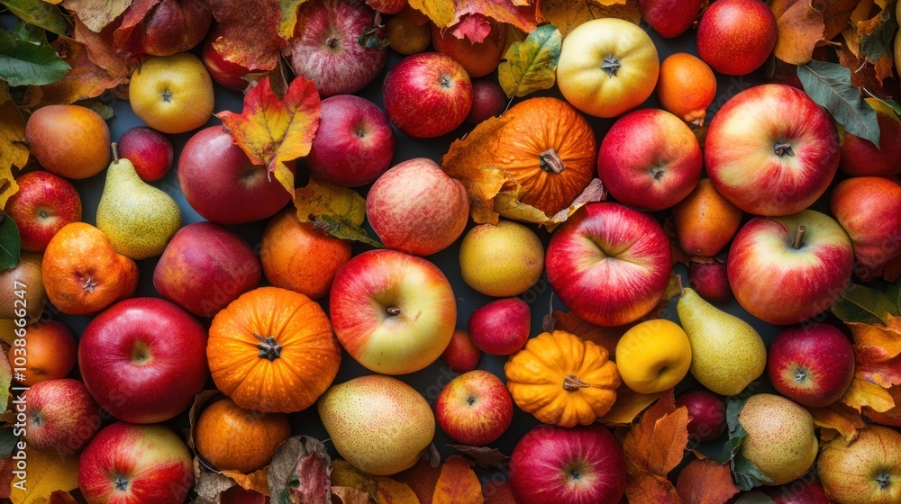 Colorful autumn fruits background, highlighting a vibrant mix of fall produce like apples, pumpkins, and pears. Colorful autumn fruits background, highlighting a vibrant mix of fall produce like apples, pumpkins, and pears.