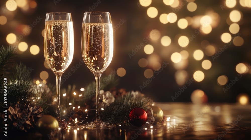 Happy New Year Celebration with Champagne Glasses Golden Bokeh Lights Happy New Year Celebration with Champagne Glasses Golden Bokeh Lights