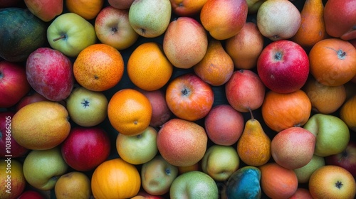 Colorful autumn fruits background, highlighting a vibrant mix of fall produce like apples, pumpkins, and pears.