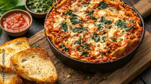 Lasagna with ground turkey and spinach, isolated on a vintage wooden board, with small bowls of marinara sauce and a side of toasted garlic bread