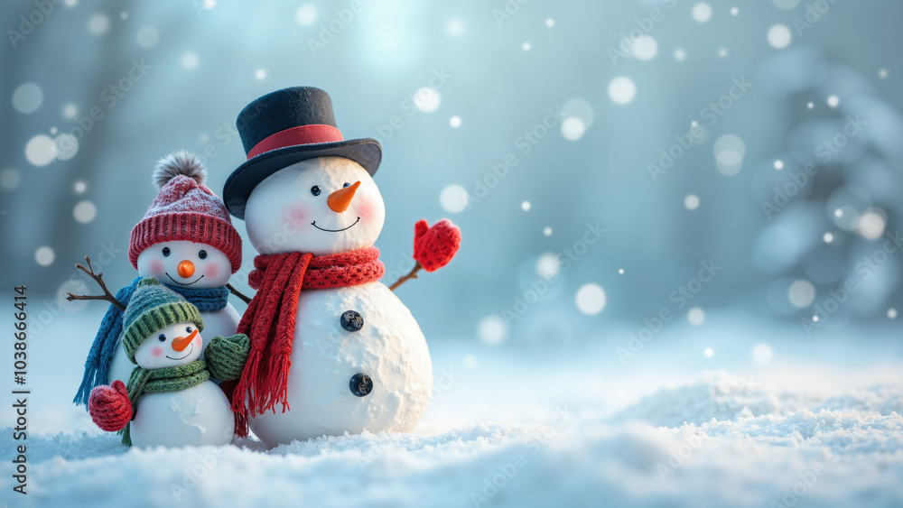 Heartwarming Snowman Family: Festive Winter Scene for Holiday Cards, Posters, and Marketing Materials Heartwarming Snowman Family: Festive Winter Scene for Holiday Cards, Posters, and Marketing Materials