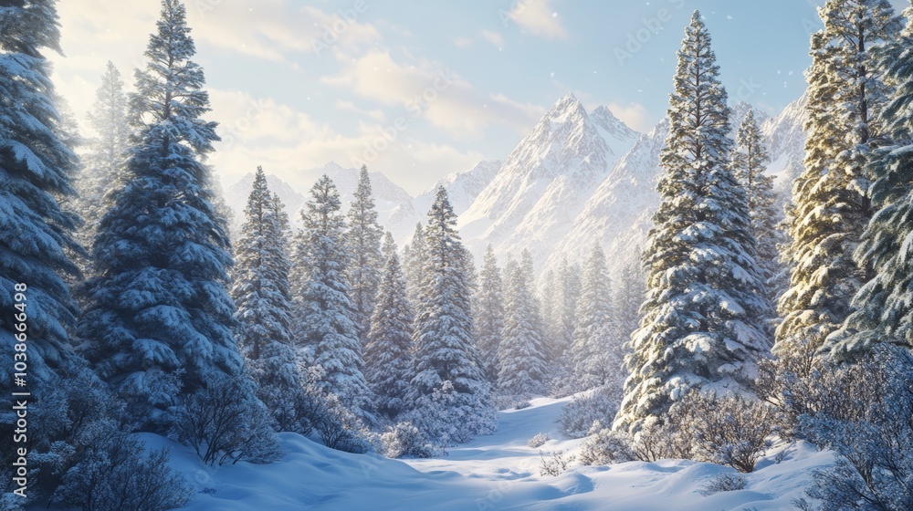 Winter Landscape with Snowy Pine Trees Mountains in Background Winter Landscape with Snowy Pine Trees Mountains in Background