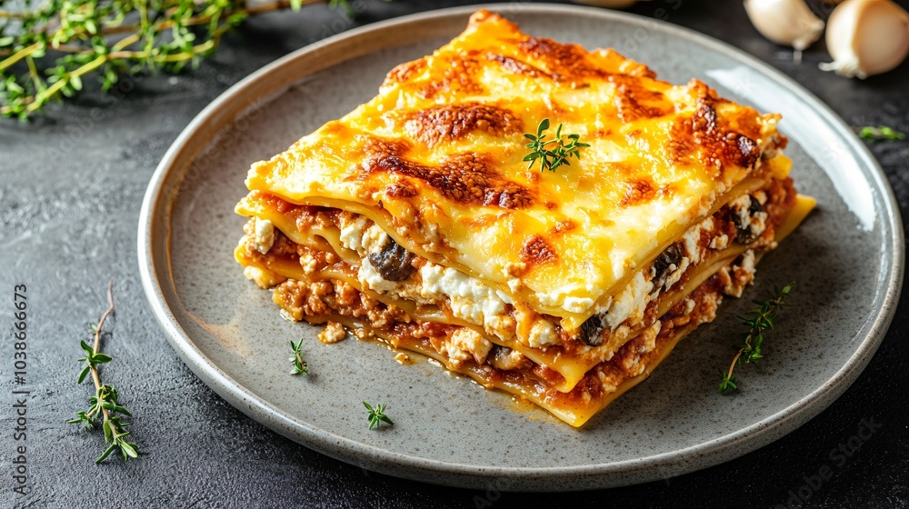 Lasagna with mushrooms and ricotta, isolated on a gray ceramic plate, with decorative sprigs of thyme and roasted garlic cloves Lasagna with mushrooms and ricotta, isolated on a gray ceramic plate, with decorative sprigs of thyme and roasted garlic cloves