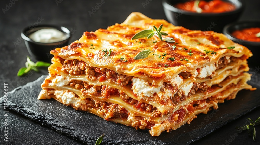 Lasagna with sausage and ricotta, isolated on a charcoal black background, with sprigs of rosemary and small bowls of marinara sauce Lasagna with sausage and ricotta, isolated on a charcoal black background, with sprigs of rosemary and small bowls of marinara sauce