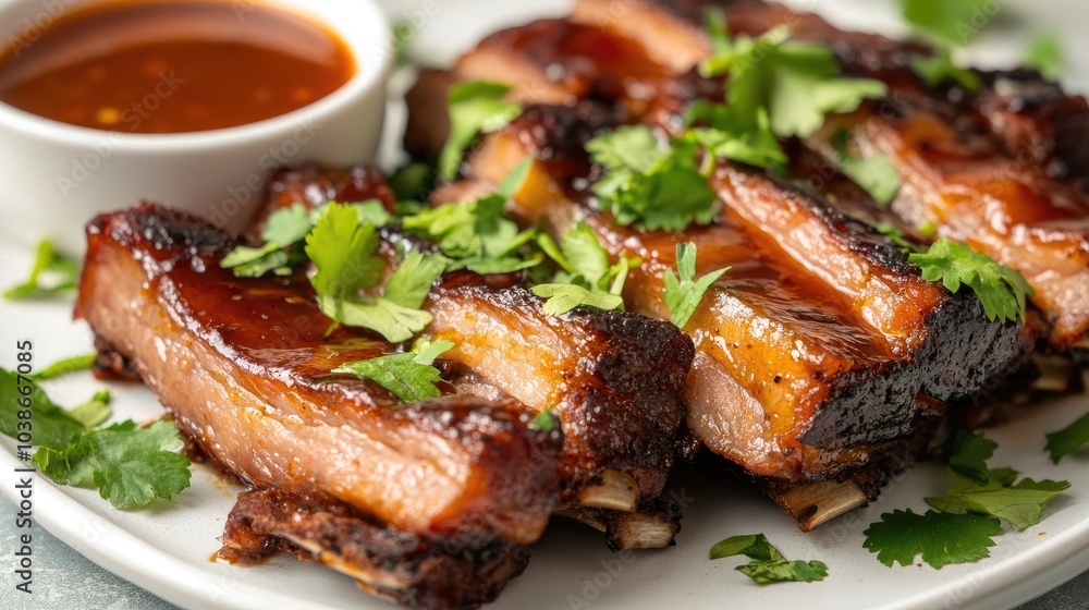 Succulent BBQ Ribs with Fresh Herbs and Sauce Succulent BBQ Ribs with Fresh Herbs and Sauce